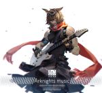  1boy animal_ears arknights armband black_gloves black_pants brown_hair check_character closed_eyes copyright_name courier_(arknights) dated facing_viewer fingerless_gloves gloves goggles goggles_on_head guitar han-0v0 instrument male_focus music pants playing_instrument red_scarf scarf simple_background singing sleeveless white_background 