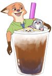  2019 anthro beverage brown_body brown_fur canid canine cup disney fennec finnick fox fur grey_body grey_fur group judy_hopps lagomorph leporid mammal nick_wilde piberius_w rabbit red_fox simple_background straw tan_body tan_fur white_background zootopia 