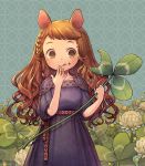  1girl animal_ears bangs braid brown_hair clover clover_(flower) commentary_request cowboy_shot dress eating flower food food_on_face four-leaf_clover holding_plant kiitos long_hair minigirl mouse_ears mouse_girl original plant puffy_sleeves purple_dress shamrock side_braid solo swept_bangs tongue tongue_out white_flower 
