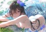  blue_eyes breasts brown_hair flowers granblue_fantasy kakage long_hair nude rosetta_(granblue_fantasy) water 