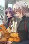  2girls basket bell black_coat blue_eyes bread coat commentary croissant door doorbell food frown grey_hair hair_ornament highres holding holding_basket indoors jacket kizuna_akari kuz long_hair looking_at_another multiple_girls open_mouth purple_eyes purple_hair sandwich scarf shop smile striped striped_scarf tongs v-shaped_eyebrows vocaloid voiceroid yuzuki_yukari 