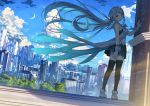  1girl :o aqua_eyes aqua_hair aqua_skirt bangs bare_shoulders black_legwear blue_sky building city cityscape cloud commentary_request copyright_request crescent_moon day dress eyebrows_visible_through_hair fence floating_hair hair_blowing hair_ribbon hand_on_wall highres kantoku kneehighs light_rays loafers long_hair looking_back miniskirt moon open_mouth outdoors parted_bangs parted_lips pleated_dress ribbon rooftop scenery shoes skirt sky skyscraper solo standing sunbeam sunlight tareme thighhighs tree very_long_hair wrist_cuffs zettai_ryouiki 