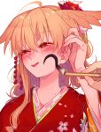  1girl blonde_hair blush commentary_request eyebrows_visible_through_hair face_painting fate/grand_order fate_(series) flower hair_between_eyes hair_flower hair_ornament head_wings highres japanese_clothes kimono lipstick long_hair makeup mithurugi-sugar pov pov_hands red_eyes red_kimono red_lipstick solo_focus thrud_(fate/grand_order) upper_body valkyrie_(fate/grand_order) 