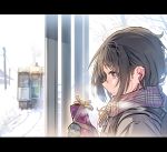 1girl backpack bag black_gloves black_hair brown_eyes daito earbuds earphones from_side gift gloves ground_vehicle letterboxed mole mole_under_eye original plaid plaid_scarf portrait power_lines scarf serious snow solo train valentine winter 