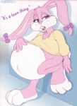  anthro babs_bunny belly big_belly blyzzarde clothed clothing digital_media_(artwork) female fur hi_res lagomorph leporid looney_tunes mammal pink_body pink_fur pregnant rabbit simple_background teeth text tiny_toon_adventures warner_brothers 