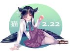  001machi 1girl absurdres animal_ears bangs black_hair blunt_bangs boots bow bowtie cat_ears circle claw_pose commentary_request cross-laced_footwear curled_fingers dated grey_legwear hair_over_one_eye halterneck hayashimo_(kantai_collection) highres kantai_collection kemonomimi_mode lace-up_boots long_hair looking_at_viewer pantyhose red_eyes school_uniform shirt sitting solo very_long_hair white_background white_shirt yokozuwari 