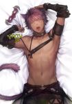  1boy abs animal_ears arm_up armpits bangs bare_shoulders bed_sheet cat_boy cat_ears cat_tail chest collar collarbone copyright_name cowboy_shot detached_sleeves facial_mark fictional_persona final_fantasy final_fantasy_xiv groin half-closed_eyes hand_up harness jit looking_at_viewer lying male_focus mask mask_removed miqo&#039;te navel no_nipples on_back one_eye_closed open_mouth orange_eyes purple_hair sheet_grab shirtless short_hair shorts solo stomach tail toned tongue tongue_out whisker_markings 