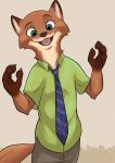  2020 anthro bottomwear brown_body brown_fur canid canine cheek_tuft clothed clothing disney facial_tuft fox fully_clothed fur hi_res mammal neck_tuft necktie nick_wilde open_mouth open_smile pants piberius_w red_fox shirt simple_background smile solo tan_background topwear tuft zootopia 