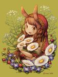  1girl animal_ears bangs blue_flower braid brown_hair bunny_ears commentary_request eyebrows_visible_through_hair flower green_background holding holding_flower kiitos leaf long_sleeves looking_at_viewer open_mouth original plant red_flower red_headwear short_sleeves simple_background smile solo twin_braids twintails twitter_username white_flower 