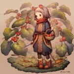  1girl animal_ears basket black_legwear blush boots brown_background brown_footwear commentary_request food fruit fruit_basket grey_hair holding holding_basket holding_knife kiitos knife leaf long_hair long_sleeves minigirl mouse_ears mouse_girl mouse_tail original plant red_scarf scarf solo strawberry tail twitter_username 