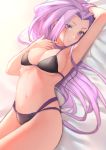  1girl arm_behind_head arm_up armpits backlighting bangs bare_shoulders bikini black_bikini blush breasts cleavage closed_mouth fate/stay_night fate_(series) forehead hair_intakes highres kojirou_musashi long_hair looking_at_viewer lying medium_breasts multi-strapped_bikini navel on_back parted_bangs purple_hair rider slit_pupils smile solo swimsuit very_long_hair 