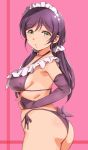  1girl ass bikini breasts deyuuku eyebrows_visible_through_hair green_eyes hair_ornament hair_scrunchie long_hair looking_at_viewer love_live! love_live!_school_idol_project low_twintails maid_headdress medium_breasts purple_bikini purple_hair scrunchie side-tie_bikini solo swimsuit toujou_nozomi twintails white_scrunchie 