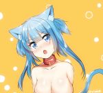  1girl :o animal_ear_fluff animal_ears artist_name arusuko bangs blue_eyes blue_hair blush breasts cat_day cat_ears cat_girl cat_tail collar collarbone commentary_request eyebrows_visible_through_hair hair_between_eyes looking_at_viewer magia_record:_mahou_shoujo_madoka_magica_gaiden mahou_shoujo_madoka_magica medium_breasts medium_hair minami_rena open_mouth sidelocks solo tail topless yellow_background 