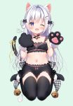  1girl ;d animal_ear_fluff animal_ears bare_shoulders bell black_legwear black_skirt cat_day cat_ears cat_girl cat_tail choker crop_top fang frills futaba_miwa gloves hair_ornament hair_rings hairclip hands_up jingle_bell long_hair looking_at_viewer midriff miniskirt navel no_shoes one_eye_closed open_mouth original paw_gloves paws purple_eyes ribbon silver_hair sitting skirt sleeveless smile solo tail tail_ribbon thighhighs wariza zettai_ryouiki 