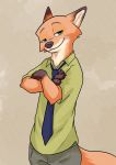  2020 anthro bottomwear canid canine cheek_tuft clothed clothing crossed_arms disney facial_tuft fox fully_clothed fur half-closed_eyes half-length_portrait hi_res mammal narrowed_eyes necktie nick_wilde orange_body orange_fur pants piberius_w portrait red_fox shirt simple_background solo topwear tuft zootopia 