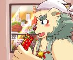  2020 agyou anthro apron asian_mythology blush clothed clothing detailed_background east_asian_mythology foo_dog humanoid_hands japanese_mythology kemono kemonosato komainu low_res male mammal mythology solo tokyo_afterschool_summoners video_games yōkai 