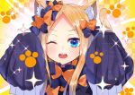  1girl abigail_williams_(fate/grand_order) akirannu animal_ear_fluff animal_ears bangs black_bow blonde_hair blue_eyes bow cat_ears cat_tail commentary_request fate/grand_order fate_(series) hair_bow long_hair looking_at_viewer multiple_bows one_eye_closed orange_bow parted_bangs sei_shounagon_(fate) sleeves_past_fingers sleeves_past_wrists solo tail upper_teeth 