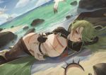  1girl absurdres azur_lane beach bird black_gloves boots breasts cirilla cross cross_earrings earrings gloves green_hair highres jewelry legwear_removed littorio_(azur_lane) long_hair looking_at_viewer military military_uniform ocean red_eyes seagull solo thighhighs uniform 