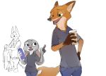  2019 anthro bottomwear brown_body brown_fur canid canine canis clothed clothing disney fox fully_clothed fur grey_body grey_fur group holding_cup holding_object judy_hopps lagomorph leporid mammal nick_wilde open_mouth open_smile pants piberius_w rabbit red_fox shirt simple_background smile t-shirt topwear white_background wolf zootopia 