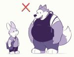  2020 anthro belly bottomwear canid canine canis clothing duo greenendorf lagomorph leporid male mammal overweight overweight_male pants rabbit shirt simple_background topwear wolf 
