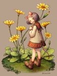  1girl animal_ears boots brown_footwear commentary_request flower from_behind full_body grey_background grey_hair holding holding_flower kiitos leaf long_sleeves looking_at_viewer looking_back minigirl mouse_ears mouse_girl mouse_tail open_mouth original short_hair smile solo tail yellow_flower 