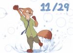  2019 anthro barefoot bottomwear brown_body brown_fur canid canine clothed clothing disney fox fully_clothed fur mammal necktie nick_wilde pants piberius_w red_fox shirt smile solo topwear zootopia 