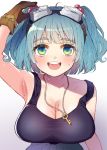  1girl arm_up armpits bangs blue_eyes blue_hair blunt_bangs blush breasts brown_gloves cleavage collarbone commentary_request freckles gloves goggles goggles_on_head gradient gradient_background gradient_eyes green_eyes hair_bobbles hair_ornament kawashiro_nitori key large_breasts looking_at_viewer medium_hair multicolored multicolored_eyes open_mouth retota smile solo sweat tank_top touhou two_side_up upper_body 