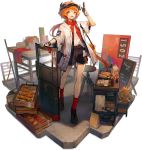  1girl :d ahoge alternate_costume arknights bag bangs bare_legs black_footwear black_shorts croissant croissant_(arknights) eyebrows_visible_through_hair food french_fries full_body gloves hand_up handbag highres horns huanxiang_heitu jacket kfc long_hair looking_at_viewer low_ponytail milk_carton official_art open_clothes open_jacket open_mouth orange_hair paper_bag planted red_legwear red_neckwear shield shirt shoes short_sleeves shorts smile socks solo standing stool table transparent_background visor_cap white_jacket white_shirt yellow_eyes 