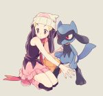  1girl bag beanie black_eyes black_hair black_legwear black_shirt boots bracelet closed_mouth commentary duffel_bag frown gen_4_pokemon grey_background hair_ornament hat highres hikari_(pokemon) jewelry kneeling komasawa_(fmn-ppp) long_hair pink_footwear pink_skirt poke_ball_theme pokemon pokemon_(creature) pokemon_(game) pokemon_dppt protecting red_scarf riolu scarf shirt simple_background skirt sleeveless sleeveless_shirt sweatdrop thighhighs white_headwear 