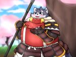  2020 anthro armor blush canid canine canis domestic_dog harima hi_res humanoid_hands kusosensei mammal outside overweight solo tamakore 