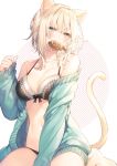  1girl animal_ears bare_shoulders barefoot black_bra blonde_hair blue_eyes blue_jacket bra breasts cat_day cat_ears cat_girl cat_tail cleavage collarbone food front-tie_bra hand_up heterochromia highres jacket lingerie long_sleeves looking_at_viewer medium_breasts mouth_hold off_shoulder open_clothes open_jacket original short_hair sitting solo stomach tail tail_raised taiyaki toosaka_asagi underwear wagashi yellow_eyes 