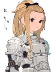  1girl armor black_bow blonde_hair bow brown_eyes closed_mouth cuirass forehead hair_bow hair_pulled_back knight medium_hair nanora original plate_armor shoulder_armor sidelocks simple_background solo spaulders tied_hair upper_body white_background 
