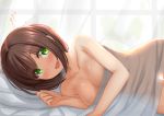  1girl blush breasts brown_hair collarbone curtains eyebrows_visible_through_hair eyes_visible_through_hair fang idolmaster idolmaster_cinderella_girls indoors kibihimi large_breasts looking_at_viewer lying maekawa_miku nude on_side open_mouth short_hair smile solo translation_request under_covers window 