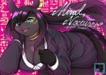  anthro anubian_jackal beauty_mark bent_over big_breasts black_body black_fur black_hair breasts business_suit canid canine canis choker cleavage clothed clothing dress_shirt eye_markings female fully_clothed fur hair hand_on_face hi_res jackal jewelry kemono kikunoya long_hair looking_at_viewer mammal markings necklace open_mouth shirt smile solo suit teal_eyes topwear yellow_markings 