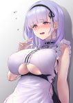  1girl anchor_choker apron azur_lane bangs bare_shoulders black_hairband blush breasts choker commentary_request dido_(azur_lane) dress earrings eyebrows_visible_through_hair frilled_choker frills hairband highres jewelry large_breasts long_hair nameco_(nameco_h) open_mouth pink_eyes silver_hair sleeveless sleeveless_dress solo underboob underboob_cutout waist_apron white_apron 