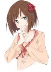  1girl blush brown_hair closed_mouth collarbone fang flower green_eyes hair_flower hair_ornament idolmaster idolmaster_cinderella_girls ixy long_sleeves looking_at_viewer maekawa_miku red_flower red_rose rose short_hair simple_background smile solo sweater upper_body white_background 