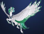  2020 absurd_res blue_background digital_media_(artwork) equid equine eyewear feathered_wings feathers feral glasses green_hair hair hi_res male mammal pterippus simple_background solo turnipberry white_body white_feathers wings 