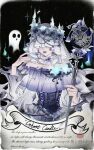  1girl blue_flower candle character_name choker clock coldrex8 collarbone corset covered_eyes earrings english_text facing_viewer floral_print flower flower_facial_mark frilled_choker frilled_corset frills gem ghost head_wreath highres holding holding_staff identity_v jewelry melly_plinius melly_plinius_(ghost_candle) off_shoulder official_alternate_costume purple_choker purple_corset purple_flower purple_gemstone purple_lips solo sparkle staff torn_clothes veil_over_eyes wide_sleeves 