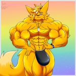  1:1 anthro big_muscles bulge canid canine clothing fennec fox fur hi_res huge_muscles jewelry male mammal muscular muscular_male necklace solo speedo swimwear taiko-sihori yellow_body yellow_fur 