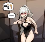  1girl bare_shoulders bracelet breasts cleavage earrings english_text gogalking grey_hair highres jewelry long_hair looking_at_viewer one-piece_swimsuit original ponytail red_eyes solo sweatdrop swimsuit teeth 