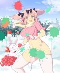  +_+ 1girl :d animal_ears ball black_buruma blue_eyes blue_sky blush bow breasts buruma cloud convenient_censoring day earmuffs flower-shaped_pupils forest fur-trimmed_gloves fur_trim gloves groin hair_bow hibari_(senran_kagura) highres holding holding_ball imminent_throw large_breasts linea_alba looking_at_viewer nature navel ninto_(senran_kagura) non-web_source official_art open_mouth outdoors paint_splatter paintball panties pink_gloves pink_hair pink_panties pink_pupils pink_thighhighs plant polka_dot polka_dot_panties polka_dot_scarf pom_pom_(clothes) pom_pom_scarf rabbit rabbit_ears red_flag red_scarf scarf school_emblem senran_kagura senran_kagura_new_wave senran_kagura_shoujo-tachi_no_shin'ei short_hair short_twintails sidelocks sky smile snow splatter symbol-shaped_pupils tent thighhighs torn_clothes torn_coat torn_panties tree twintails underwear v-shaped_eyebrows wardrobe_malfunction winter yellow_scarf 
