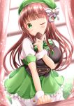  1girl ;) backlighting bangs beret black_vest bloomers blunt_bangs blush bow breasts brown_hair chocolate closed_mouth commentary_request curtains day eyebrows_visible_through_hair food food_in_mouth frilled_skirt frills gochuumon_wa_usagi_desu_ka? green_bow green_eyes green_headwear green_skirt hand_up hat hat_bow highres holding holding_food large_breasts long_hair mouth_hold one_eye_closed puffy_short_sleeves puffy_sleeves shirt short_sleeves skirt smile solo striped striped_bow sunlight ujimatsu_chiya underwear very_long_hair vest white_bloomers white_bow white_shirt window wrist_cuffs zenon_(for_achieve) 