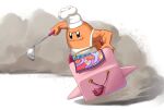  alternate_muscle_size black_eyes chef_hat chef_kawasaki closed_mouth commentary drifting driving dust dust_cloud glint hat holding holding_ladle kirby_(series) kirby_air_ride kirby_air_riders ladle muscular natsuring0 no_humans smile solo v-shaped_eyes veins veiny_arms wagon_star white_background white_hat 