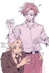  2boys annoyed belt black_jacket black_necktie blonde_hair cale_henituse collared_shirt dated english_text formal_clothes hands_on_another's_hips hans_(lout_of_count's_family) highres jacket limited_palette long_sleeves looking_at_another lout_of_count's_family low_ponytail male_focus multiple_boys necktie open_mouth osewa6363 pants parted_bangs ponytail red_pants shirt short_hair signature simple_background squiggle suit suit_jacket sweatdrop white_background white_shirt 