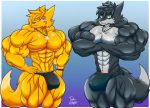  anthro big_muscles black_body black_fur brother brothers bulge canid canine clothing duo fennec fox fur huge_muscles jewelry male mammal muscular muscular_male necklace sibling speedo swimwear taiko-sihori yellow_body yellow_fur 
