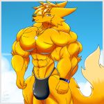  1:1 anthro big_muscles bulge canid canine clothing fennec fox fur hi_res huge_muscles jewelry male mammal muscular muscular_male necklace solo speedo swimwear taiko-sihori tongue tongue_out yellow_body yellow_fur 