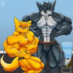  1:1 anthro big_muscles black_body black_fur brother brothers bulge canid canine clothing duo fennec fox fur hi_res huge_muscles jewelry male mammal muscular muscular_male necklace sibling speedo swimwear taiko-sihori yellow_body yellow_fur 