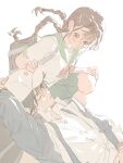  1boy 1girl bag black_hair blush braid braided_twintails brown_eyes brown_hair echizen_ryooma eye_contact floating_hair hashtag-only_commentary hat highres leewind15 looking_at_another lying on_back one_eye_closed ryuuzaki_sakuno school_bag school_uniform short_hair tennis_no_ouji-sama 