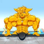  1:1 anthro big_muscles bulge canid canine clothing fennec fox fur hi_res huge_muscles jewelry male mammal muscular muscular_male necklace solo speedo swimming_pool swimwear taiko-sihori yellow_body yellow_fur 