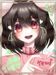  1girl animal_ears black_hair blush character_name clover collar commentary dress four-finger_heart_hands four-leaf_clover frilled_collar frills heart heart_hands highres inaba_tewi looking_at_viewer lop_rabbit_ears pink_dress portrait rabbit_ears rabbit_girl red_eyes ringed_eyes short_hair smile solo teeth teitewi&amp;kimbug touhou upper_teeth_only 